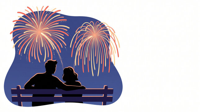 Couple watching fireworks together at night by a park bench  