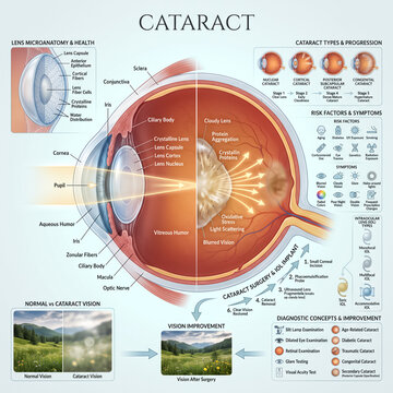 Detailed medical illustration showing human eye anatomy comparing normal vision against cataract progression symptoms and surgical removal procedures