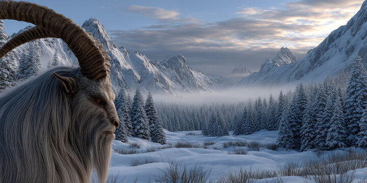 Krampus, horned and furred, stands sentinel on a snowy alpine ridge, watching a misted winter pine forest-an eerie, legendary guardian of cold folklore and holiday dread