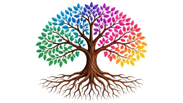 Colorful rainbow tree with vibrant leaves symbolizing diversity and unity for awareness campaigns