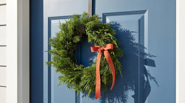 Festive wreath hanging on a blue front door with a red ribbon  