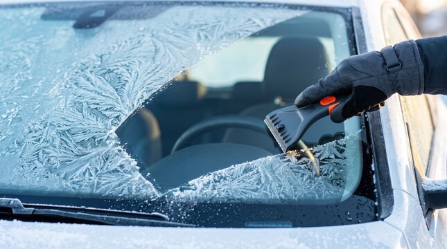 Gloved hand scraping frost off a car windshield with a scraper on a cold winter morning, representing seasonal auto care, defrosting, ice removal and safe driving preparation
