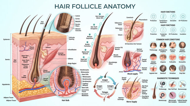 Detailed medical illustration showing human hair follicle anatomy growth cycles functions and common scalp conditions with labels