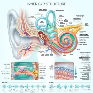 Detailed medical illustration showing human inner ear anatomy with labels for cochlea semicircular canals and nerve pathways
