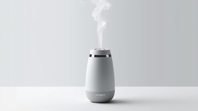 Modern smart aroma diffuser emitting mist on a clean white background