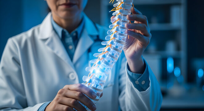 Doctor holding transparent spinal column model showing nerve pathways in bright clinic room.