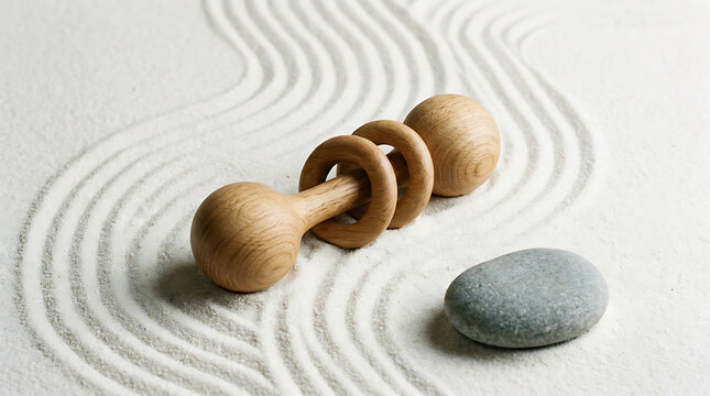 Wooden baby rattle on sand with copy space for baby shower celebration