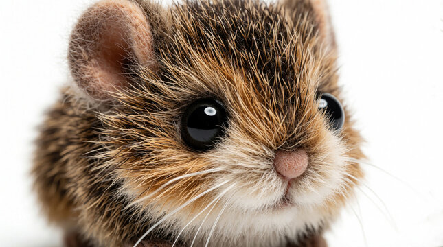 Cute small rodent animal with big black eyes, brown fur. Close up portrait of adorable baby hamster gerbil. Tiny furry pet looks at camera with whiskers on white background. Small mammal character
