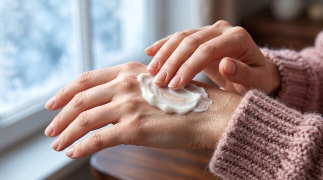 Woman applying white moisturizing cream on her hand in pink knitted sweater near a frosty window, representing winter skincare, nourishment, dry skin protection and beauty routine