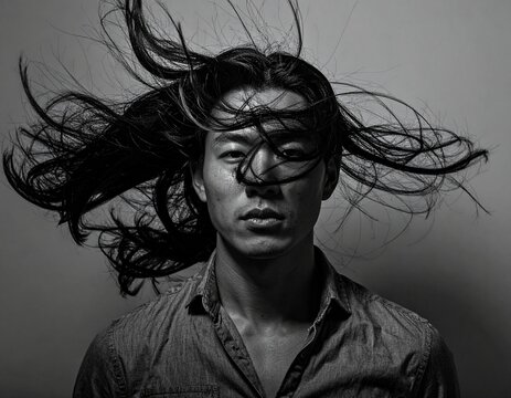 a man with long hair his hair is blown by wind deep and black