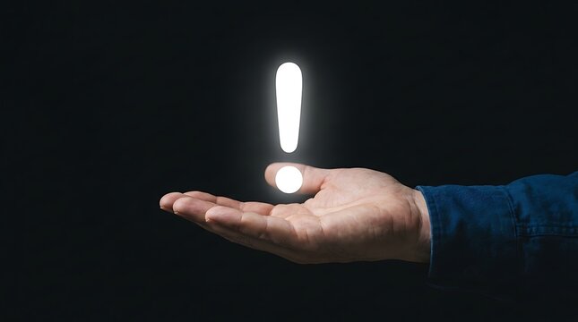 A human hand holding a glowing white exclamation mark symbol, isolated against a dark black background, conceptual sign of attention