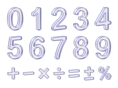 Futuristic Translucent 3D Numerals and Math Symbols Set Floating in Soft Lavender Glow Against Clean White Background