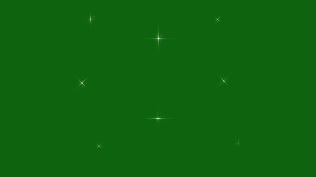 Twinkling stars animation. fast line glitter motion, white cartoon blinking stars, flat vector doodle sparkle, glowing light trails, shining twinkle effect on green screen background. 4k