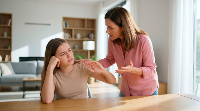 A concerned mother talking to her teenage daughter who looks upset and frustrated at home