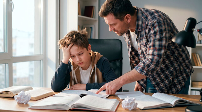 Father helping his frustrated son with difficult school homework at a desk in a home office