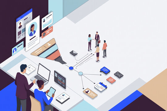 Isometric illustration of a professional recruitment team managing a digital applicant tracking funnel process
