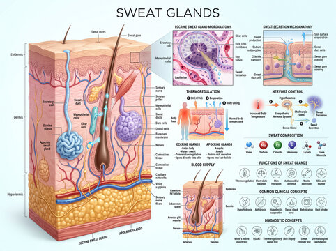 Detailed medical illustration showing human skin layers sweat glands and microscopic anatomical secretion processes with informative labels