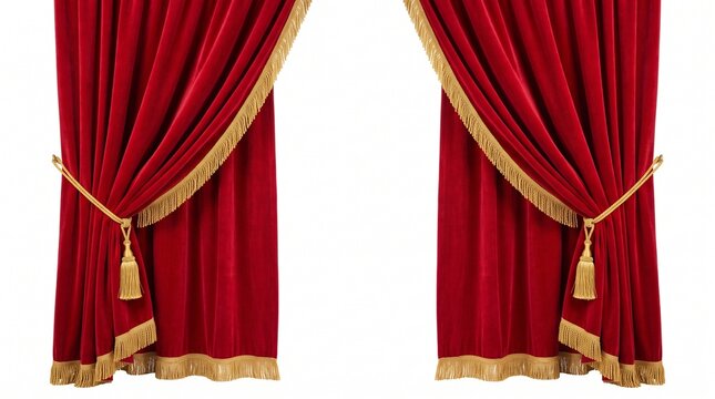 Red curtains photo with gold tassels and fringe isolated on white background