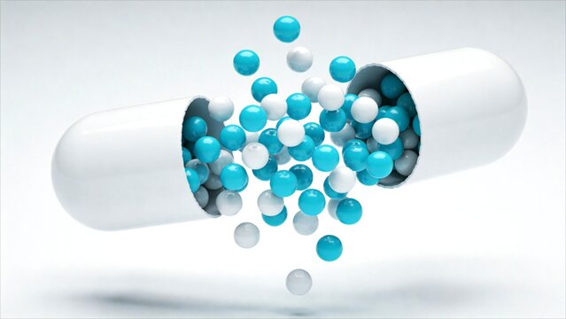 3d spheres bursting from capsule shape