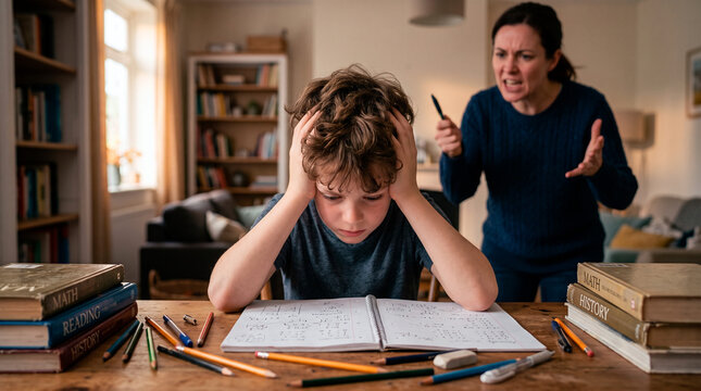 Stressed young boy struggling with homework while his mother shouts at him in the living room