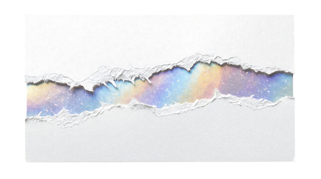 Torn white paper edge revealing a colorful nebula galaxy texture