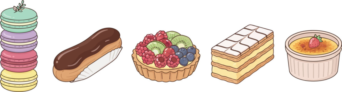 French Dessert Vector Icon Set featuring Macarons, Chocolate Eclair, Fruit Tart, Mille-Feuille, and Creme Brulee for Bakery Menus, Cafes, and Sweet Shops