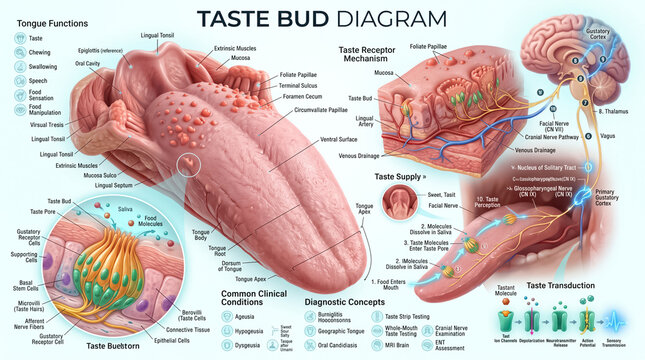 Detailed medical illustration showing human tongue anatomy taste bud receptors gustatory pathway brain processing labels diagrams infographics
