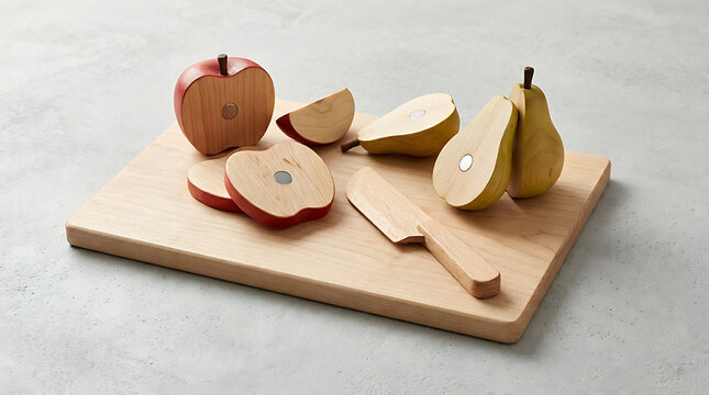 Wooden toy kitchen cutting set performing pretend cooking on a wooden board with copy space