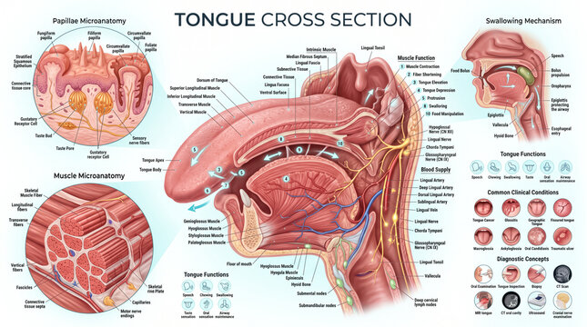 Detailed medical illustration showing human tongue cross section anatomy with internal muscle structure and swallowing mechanism labels