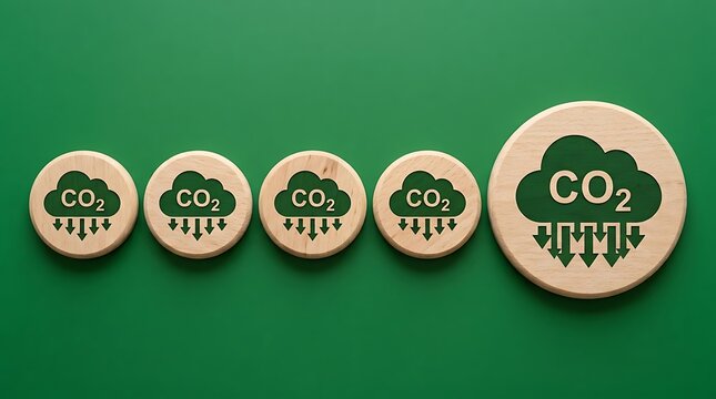 Five wooden circles with co2 cloud and downward arrow arranged in a row on a solid green background, representing carbon emission reduction