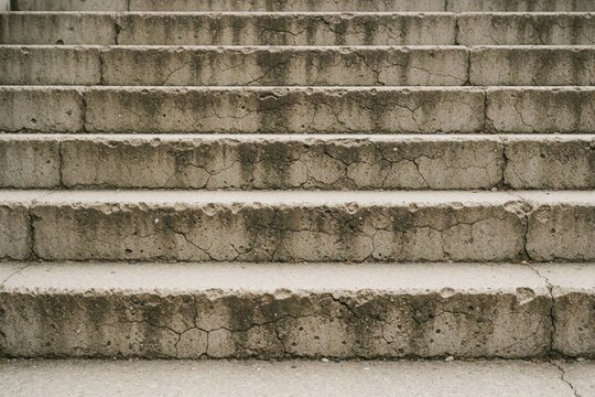 Close up of old concrete stairs with cracks, stains. Grey cement stpic show weathered texture, rough surface. Minimalist urban background with repeating pattern of worn stone stpic. Industrial