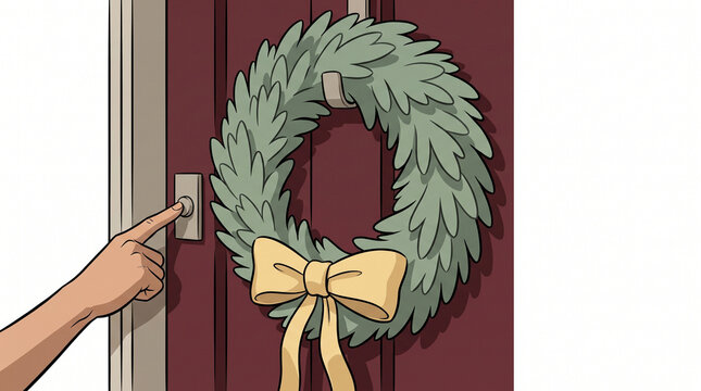 Festive wreath decorated with a ribbon on a front door  