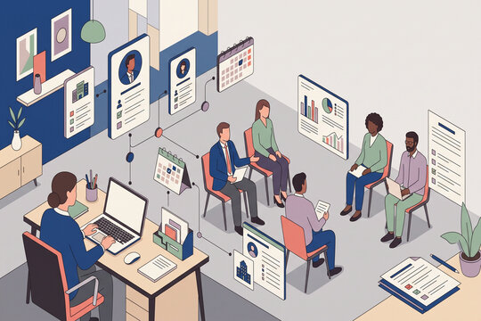 Isometric illustration of an office HR department conducting professional job interviews with many candidates