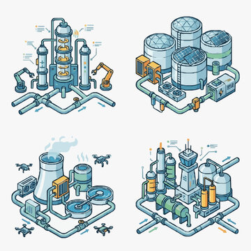 Clean Industrial Isometric Showing Four Advanced Chemical Processing Plants with Pipes Tanks Robots and Drones