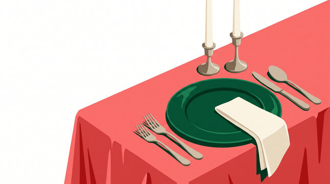 Festive table setting with green plate and candles on red tablecloth  