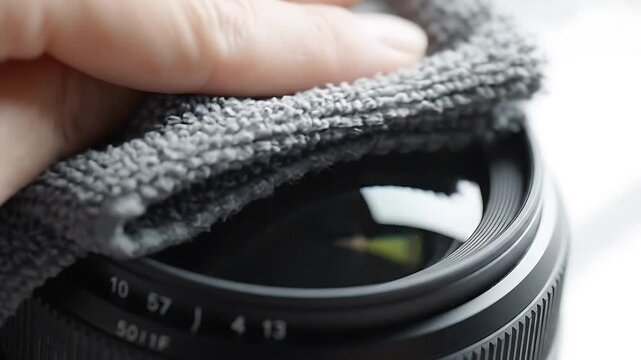 Camera Lenses Being Cleaned with a Microfiber Cloth, Demonstrating Maintenance and Care for Photographic Equipment.