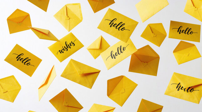 Yellow envelopes fly across white background. Floating mail letters with hello, wishes text spread in air. Creative concept for communication, greeting cards, sending messages surprise announcements.