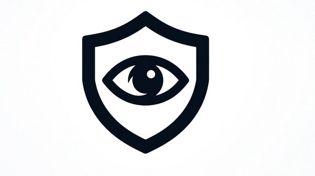 Black eye icon inside shield shape on white background. Simple symbol for data privacy, digital security. Protect personal info, monitor web surveillance, ensure online safety. Graphic sign for