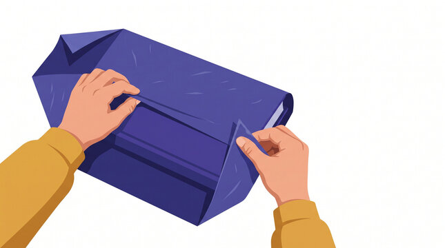 Hands wrapping a purple gift box with decorative paper  