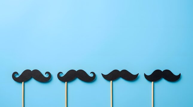 Four black paper mustaches on sticks against a light blue background