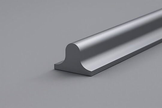 A single piece of extruded aluminum profile with a rounded and flat base isolated on a solid gray background, for construction usage