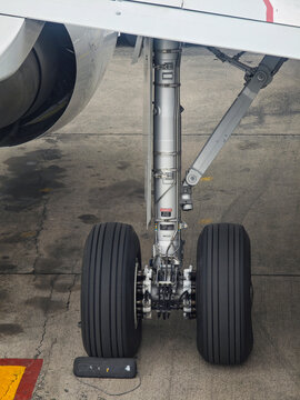 Aircraft main landing gear and tyres resting on the concrete apron