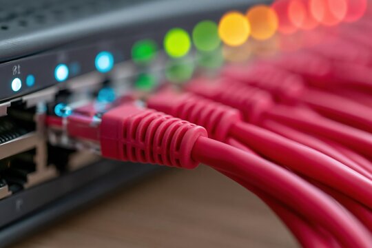 Row of pink ethernet cables connected to a switch with illuminated status lights for technology wallpaper and infrastructure design