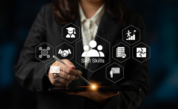 A business professional showcases the significance of soft skills through a digital interface with icons, emphasizing their role in career advancement and workplace dynamics. Nascent