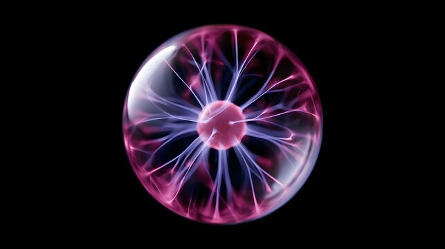 A glowing spherical plasma ball with vibrant pink and purple electric filaments radiating outward against a dark background