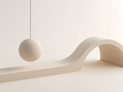 A white sphere hanging from a thin wire above a smooth curved architectural platform against a clean light gray studio background setting