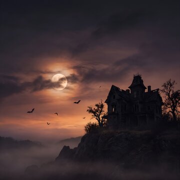 Spooky Halloween Haunted House Silhouette on Misty Cliff with Flying Bats and Glowing Full Moon Night Square Background