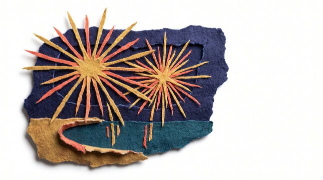 Paper art depicting sparkling fireworks over a night sky and sea  