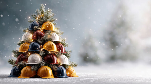 Hard hats stacked into a christmas tree shape with pine branches, cones and warm string lights on textured concrete, festive construction holiday concept for industry greeting cards