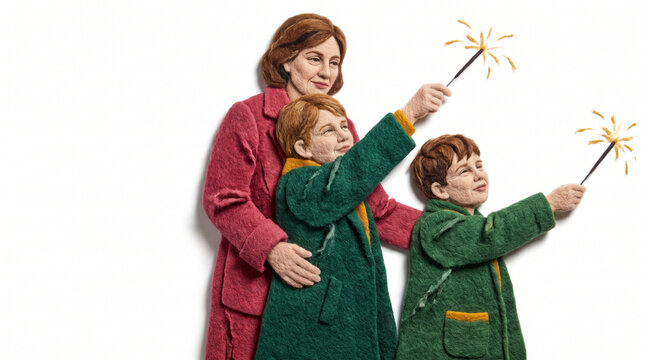 Happy mother and children holding sparklers during celebration  